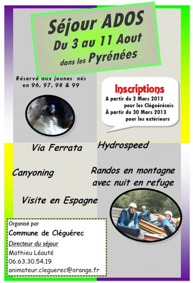 Séjour Ados Inscriptions 2013