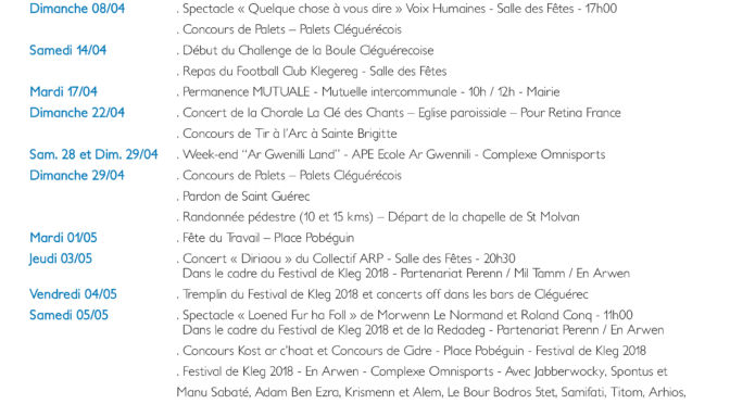 KLEG INFOS | AVRIL 2018 | AGENDA ET ACTUALITÉS LOCALES